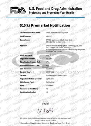 FDA certificate issued to Realcon, a leading contact lens manufacturer, ensuring compliance with safety and quality standards